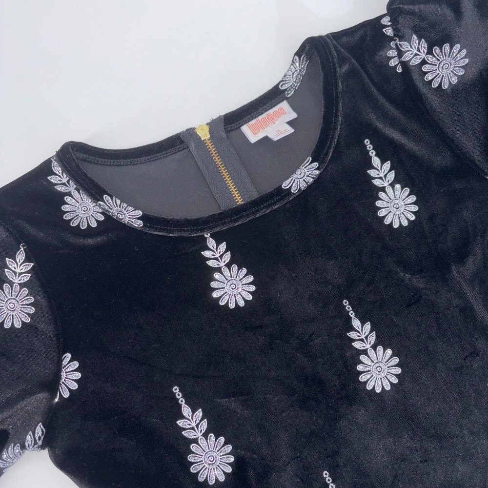 LuLaRoe Amelia Dress Small Black Velvet Silver Glitter Floral Foil Short Sleeve